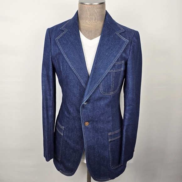 Farrah Jackets & Blazers - Vintage 70s Farah Denim Blazer Suit Coat Disco Mod Blue Western Jacket Medium 37